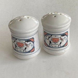 Large White Ceramic Salt And Pepper Shakers With Cow And Roses Design 4” Tall